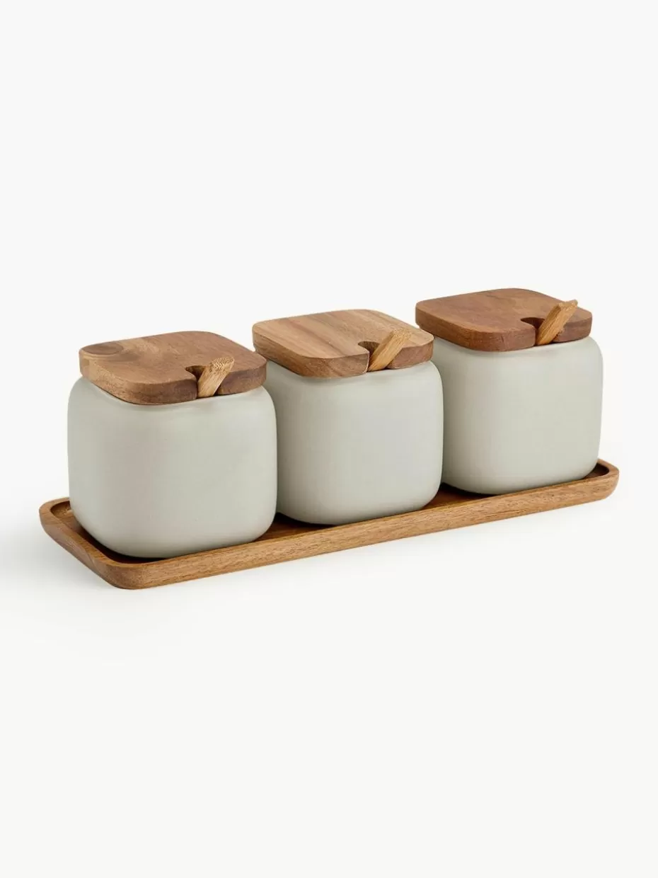 Küchenaufbewahrung-Ladelle Aufbewahrungsdosen Essentials mit Serviertablett, 4er-Set Hellbeige, Dunkles Holz