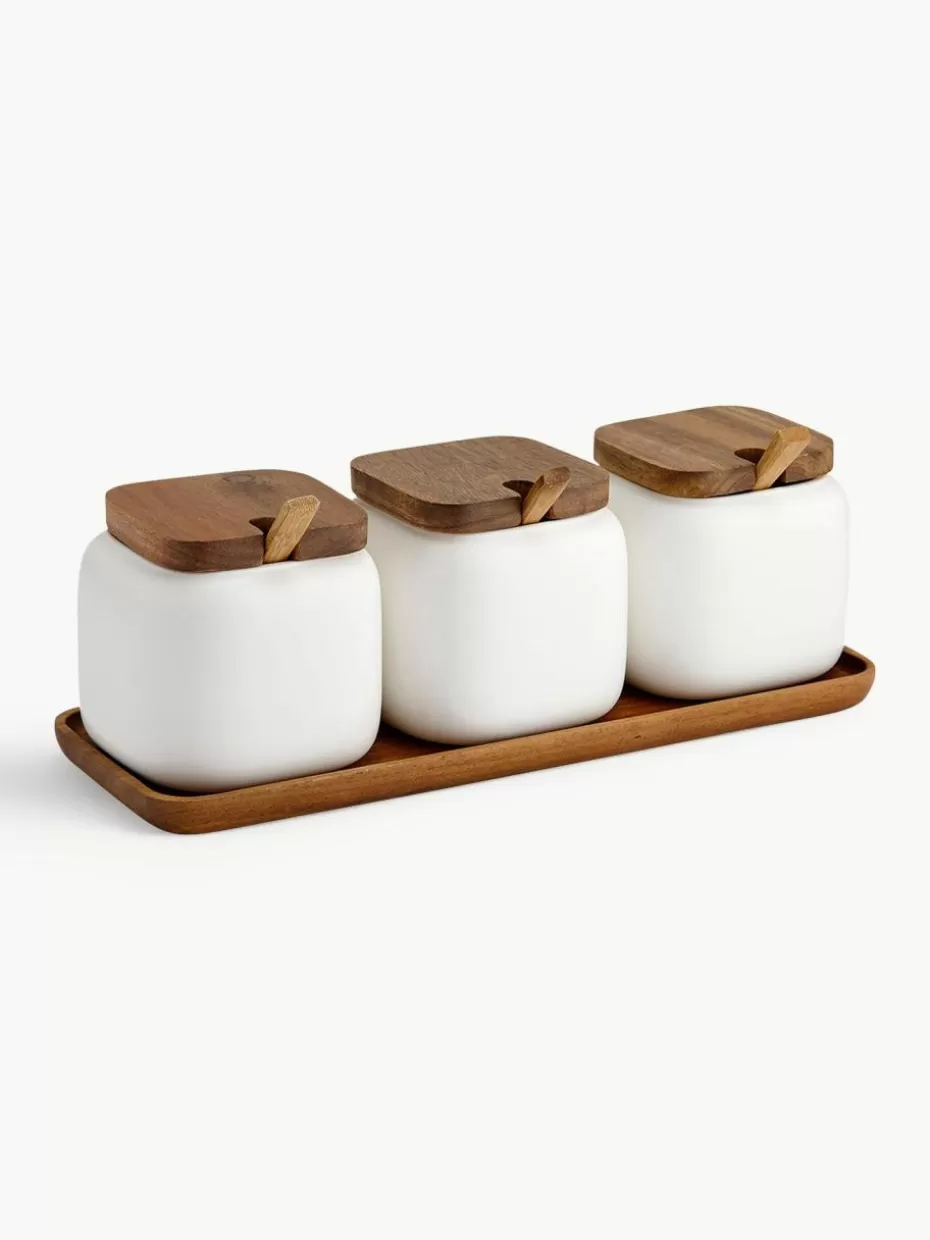 Küchenaufbewahrung-Ladelle Aufbewahrungsdosen Essentials mit Serviertablett, 4er-Set Weiß, Dunkles Holz