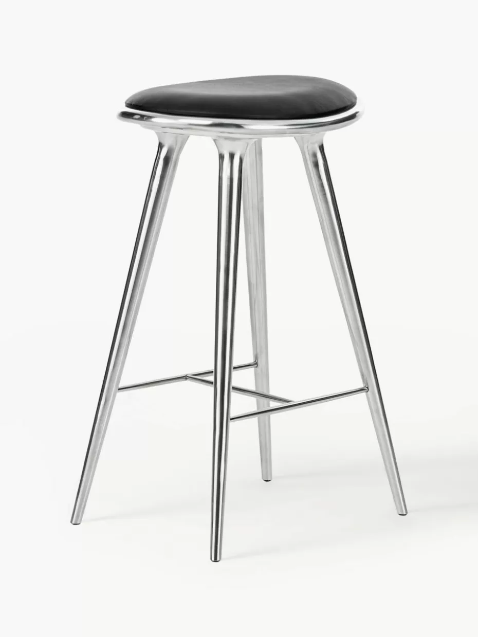 Barhocker-Mater Barhocker High Stool Leder Schwarz, Silberfarben glänzend