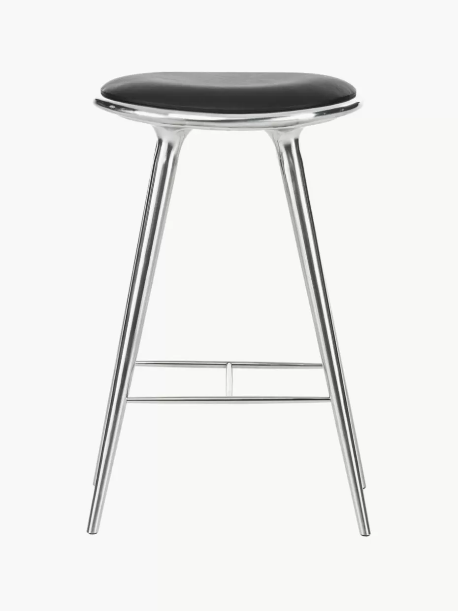 Barhocker-Mater Barhocker High Stool Leder Schwarz, Silberfarben glänzend