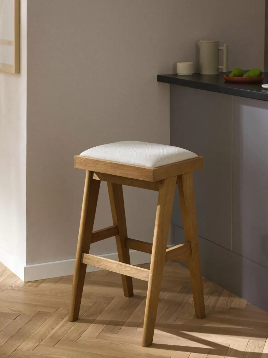 Barhocker-Westwing Collection Barhocker Sissi mit Polsterung Webstoff Cremeweiß, helles Eichenholz