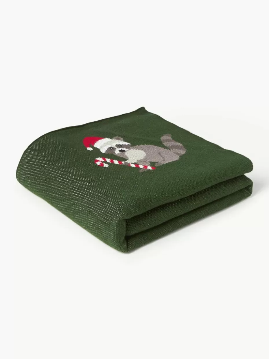 Weihnachtliche Decken & Plaids | Family Holidays-Westwing Collection Baumwolldecke Buddy mit winterlichem Motiv Dunkelgrün, Bunt