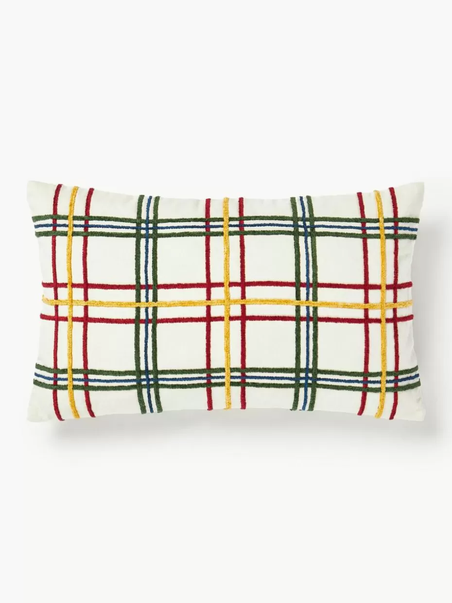 Weihnachtskissen | Family Holidays-Westwing Collection Baumwoll-Kissenhülle Noja mit Chenille-Karomuster Off White, Bunt