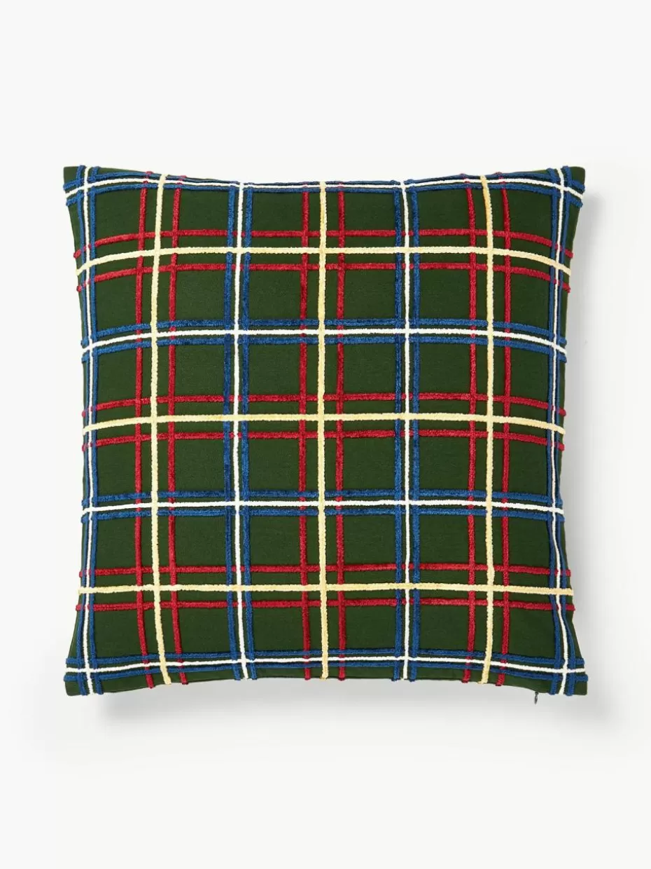 Weihnachtskissen | Dekokissen-Westwing Collection Baumwoll-Kissenhülle Noja mit Chenille-Karomuster Dunkelgrün, Bunt