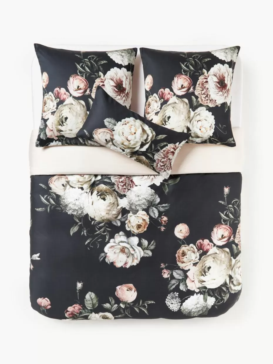 Bettwäsche-Westwing Collection Baumwollsatin-Bettdeckenbezug Blossom Anthrazit, Bunt