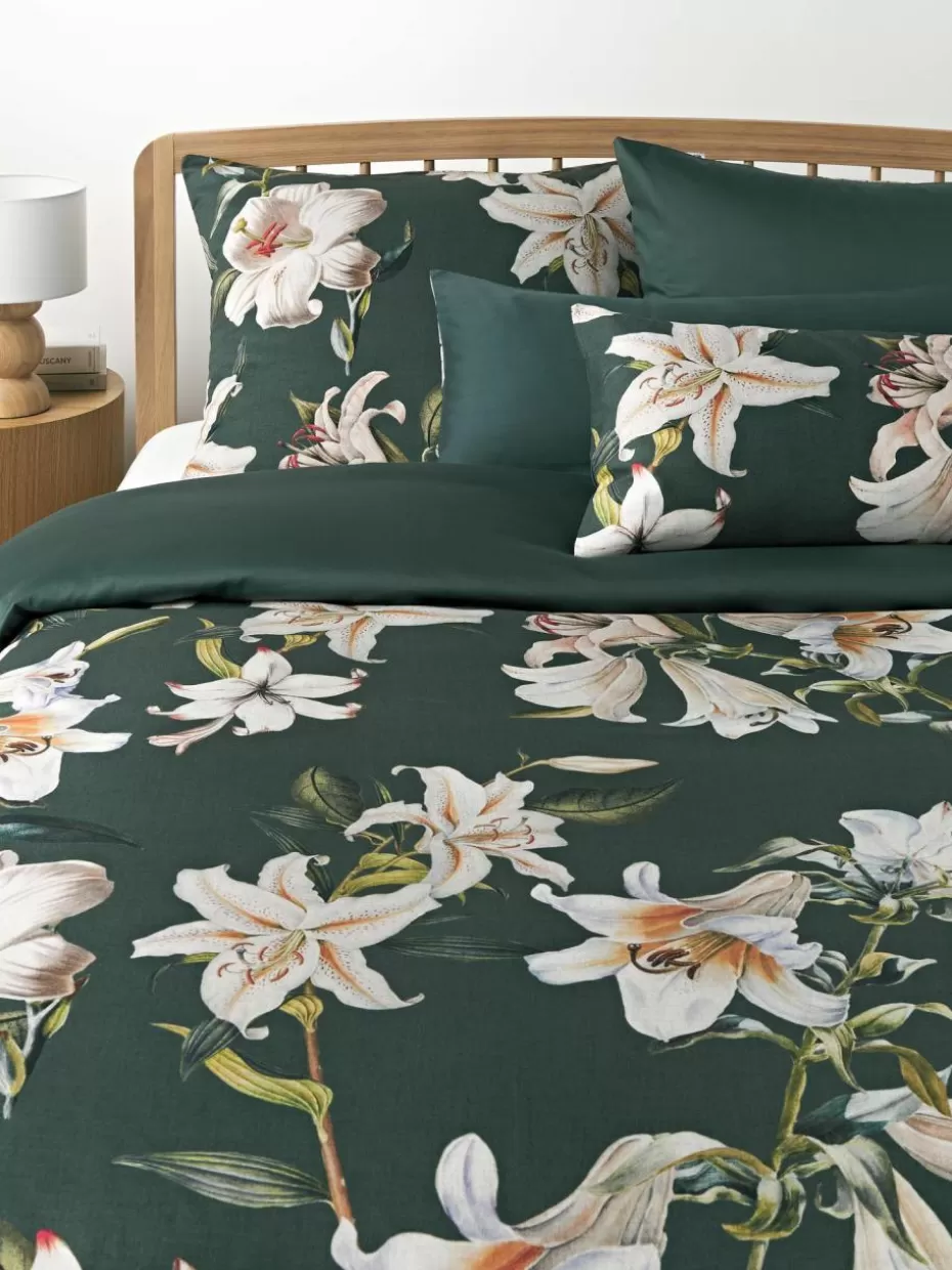 Bettwäsche-Westwing Collection Baumwollsatin-Bettdeckenbezug Flori mit Blumen-Print Dunkelgrün, Mehrfarbig