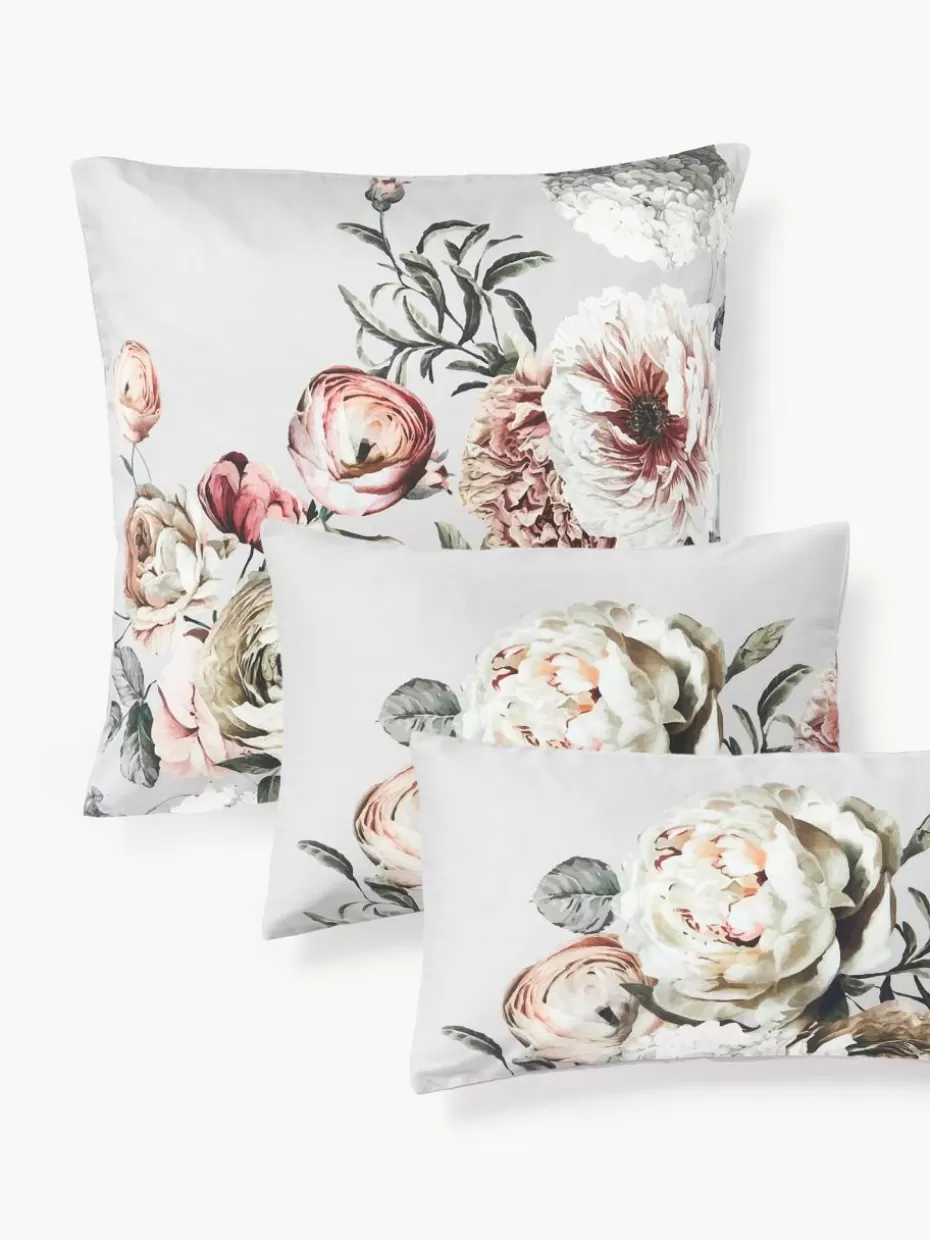 Kopfkissenbezüge-Westwing Collection Baumwollsatin-Kopfkissenbezug Blossom Hellgrau, Bunt
