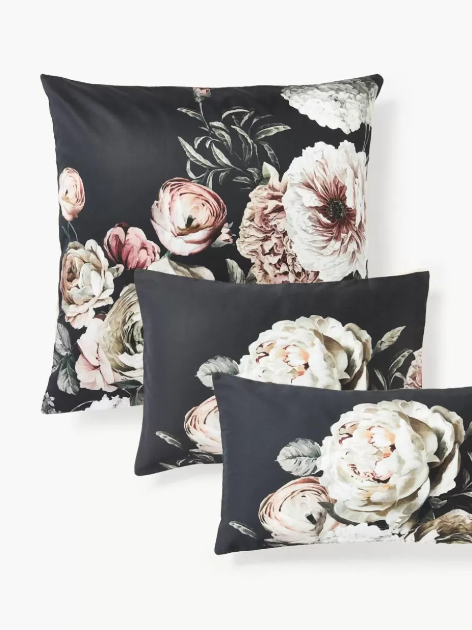 Kopfkissenbezüge-Westwing Collection Baumwollsatin-Kopfkissenbezug Blossom Anthrazit, Bunt