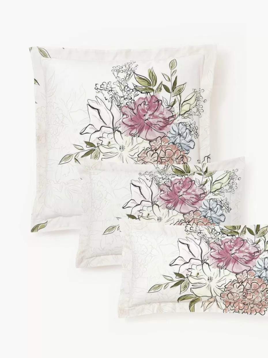 Kopfkissenbezüge-Westwing Collection Baumwollsatin-Kopfkissenbezug Margot mit Blumen-Print Off-White, Hellbeige