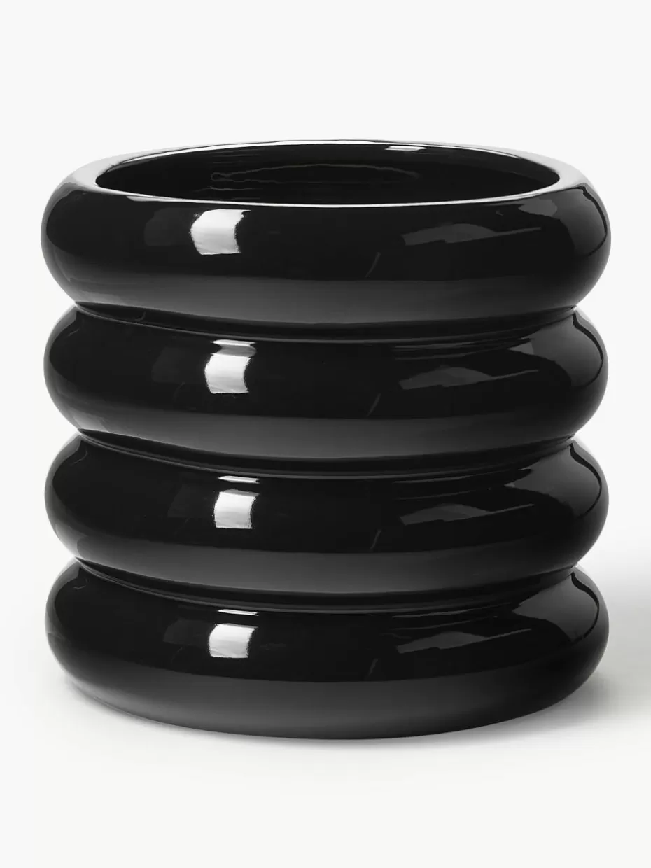 Blumentöpfe-Westwing Collection Übertopf Rudi aus Steinzeug, H 30 cm Schwarz, glänzend