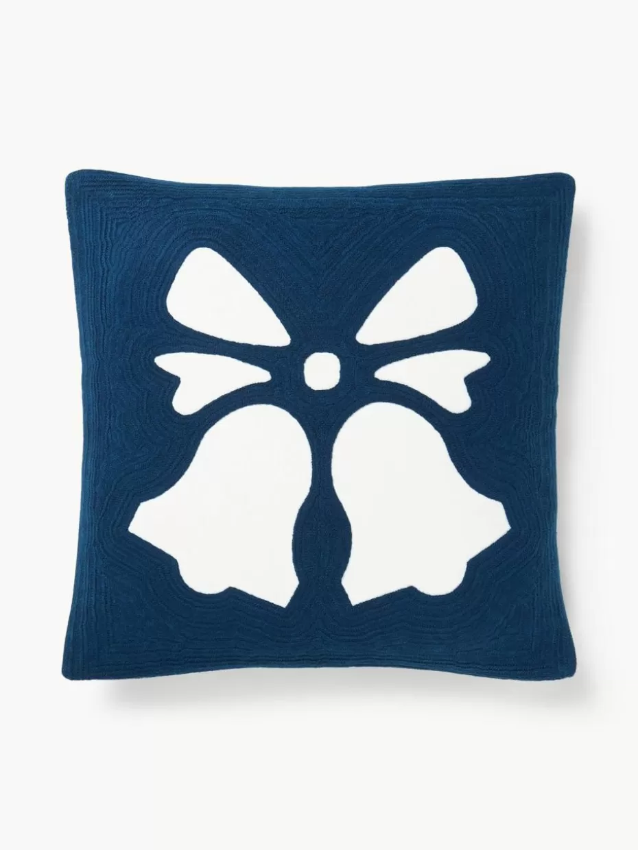 Weihnachtskissen | Dekokissen-Westwing Collection Bestickte Kissenhülle Elysia mit Glocken-Motiv Dunkelblau, Weiß
