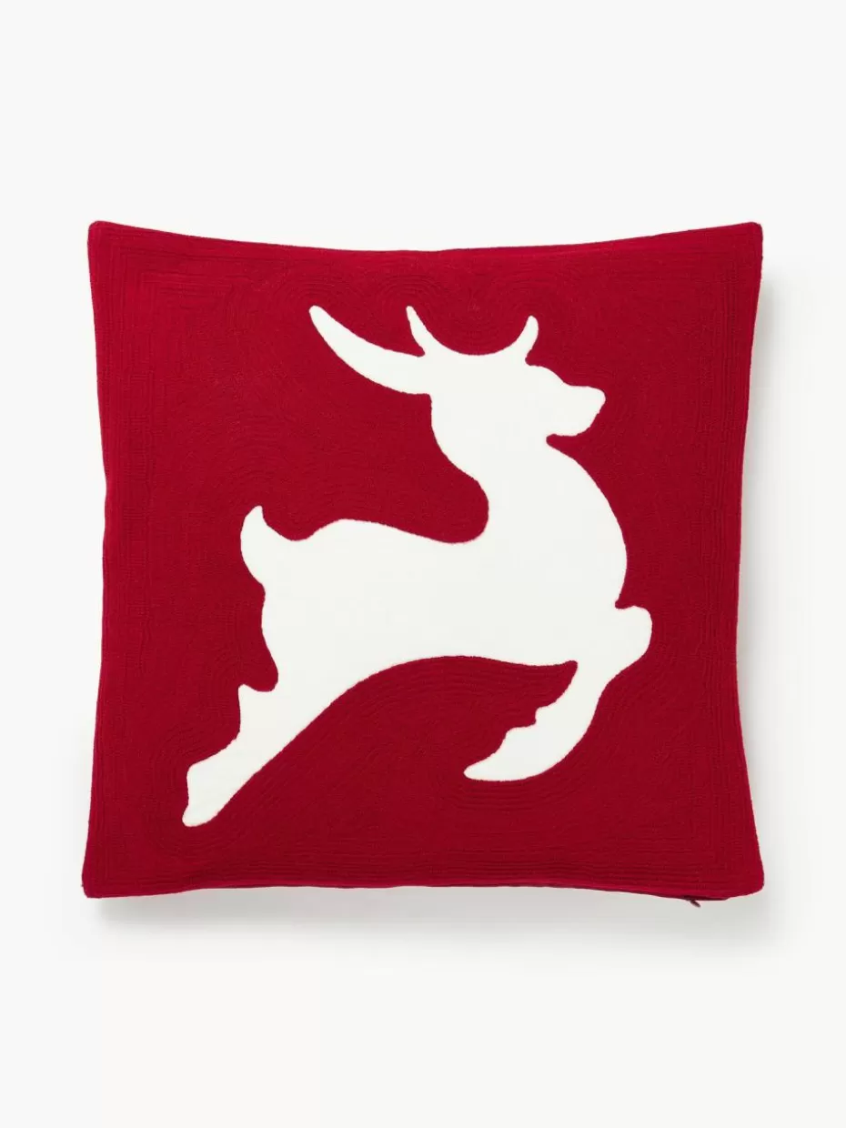 Weihnachtskissen | Dekokissen-Westwing Collection Bestickte Kissenhülle Elysia mit Hirsch-Motiv Rot, Weiß