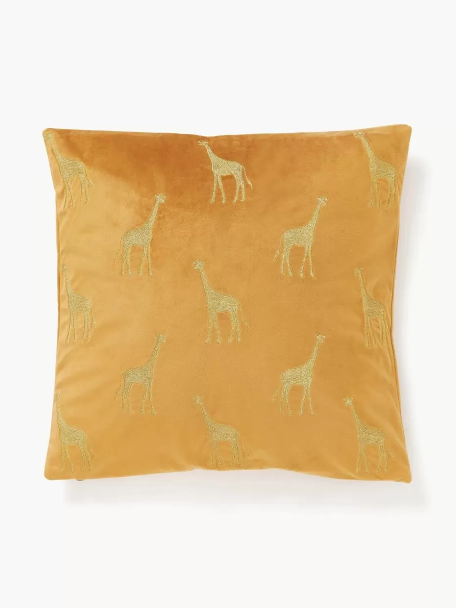Dekokissen-Westwing Collection Bestickte Samt-Kissenhülle Giro Ockergelb, Goldfarben