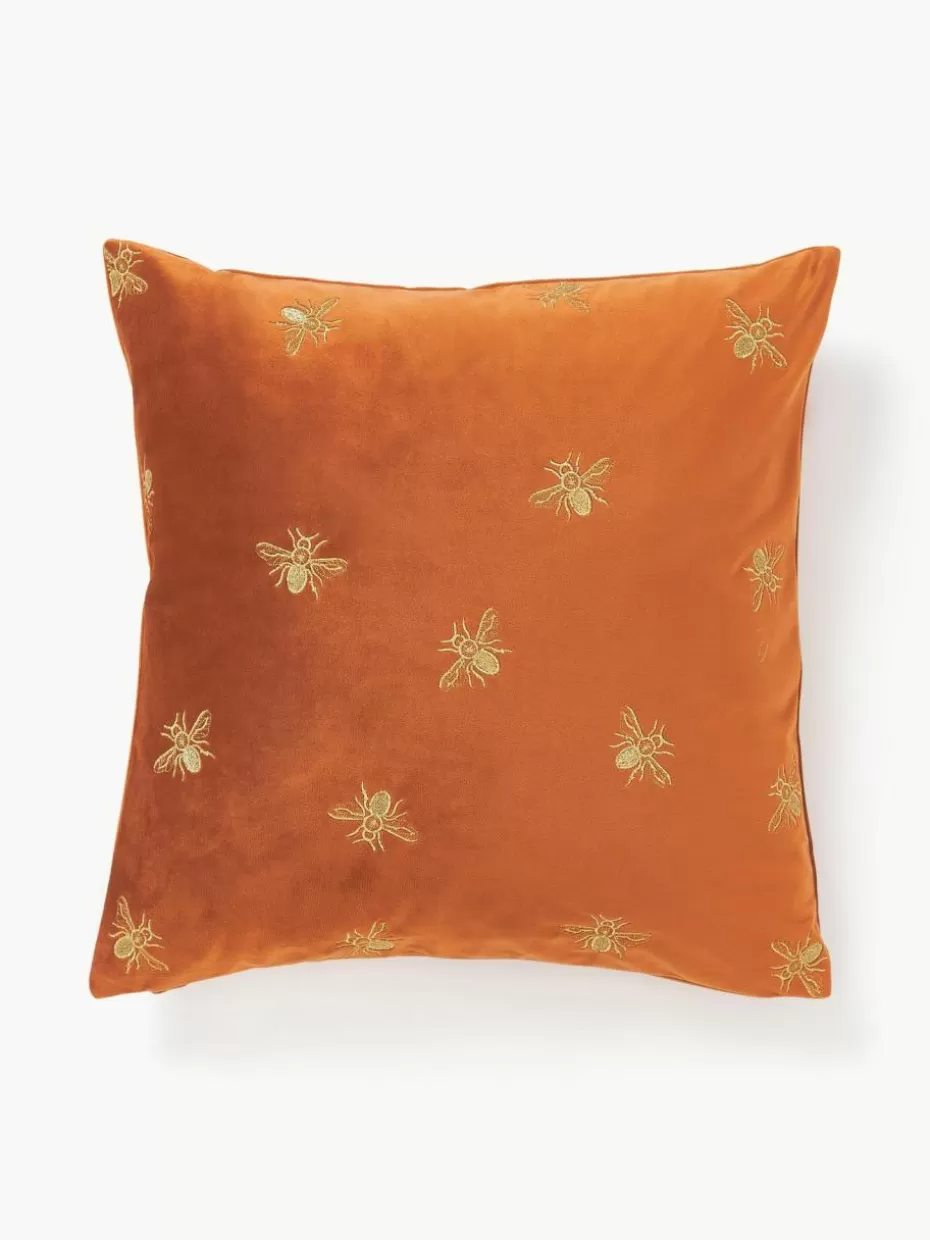 Dekokissen-Westwing Collection Bestickte Samt-Kissenhülle Nora Terrakotta, Goldfarben