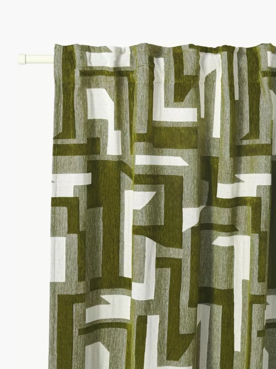 Vorhänge-Westwing Collection Blickdichter Chenille-Vorhang Felice mit Schlaufenband, 2 Stück Olivgrüntöne, Weiß