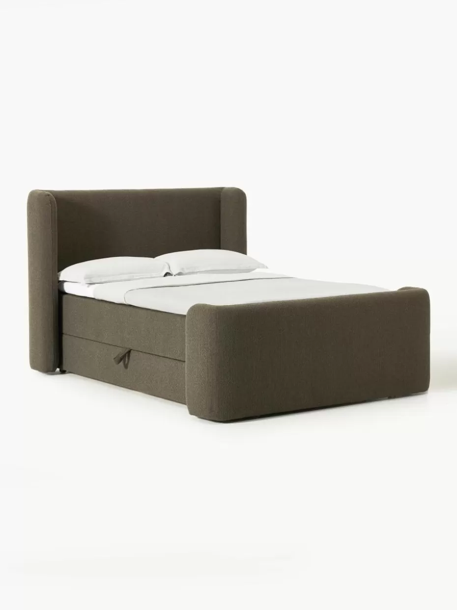 Betten-Westwing Collection Bouclé-Boxspringbett Perla mit Stauraum Bouclé Olivgrün