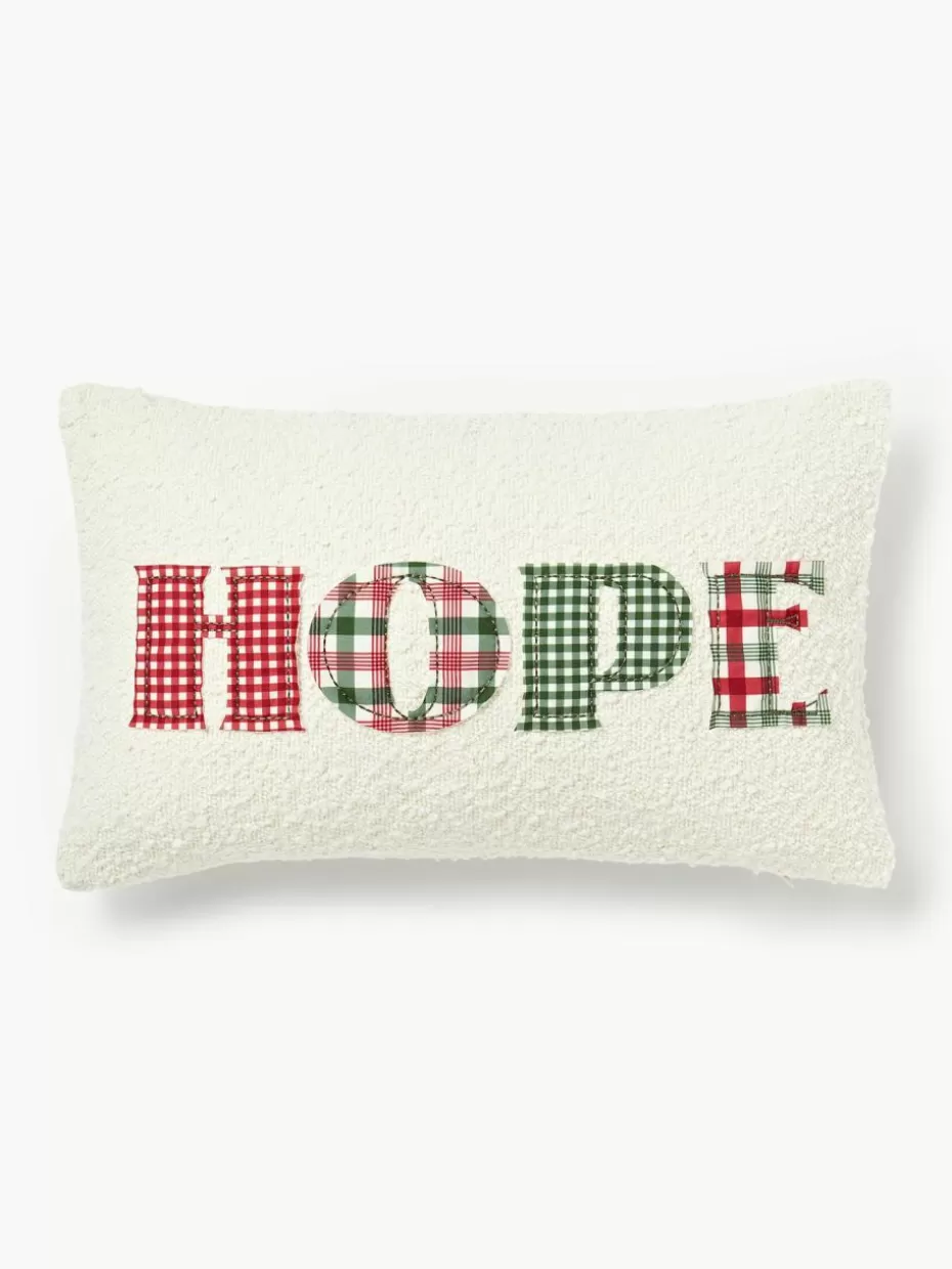 Weihnachtskissen | Dekokissen-Westwing Collection Bouclé-Kissenhülle Lysander Off White mit Hope-Aufdruck