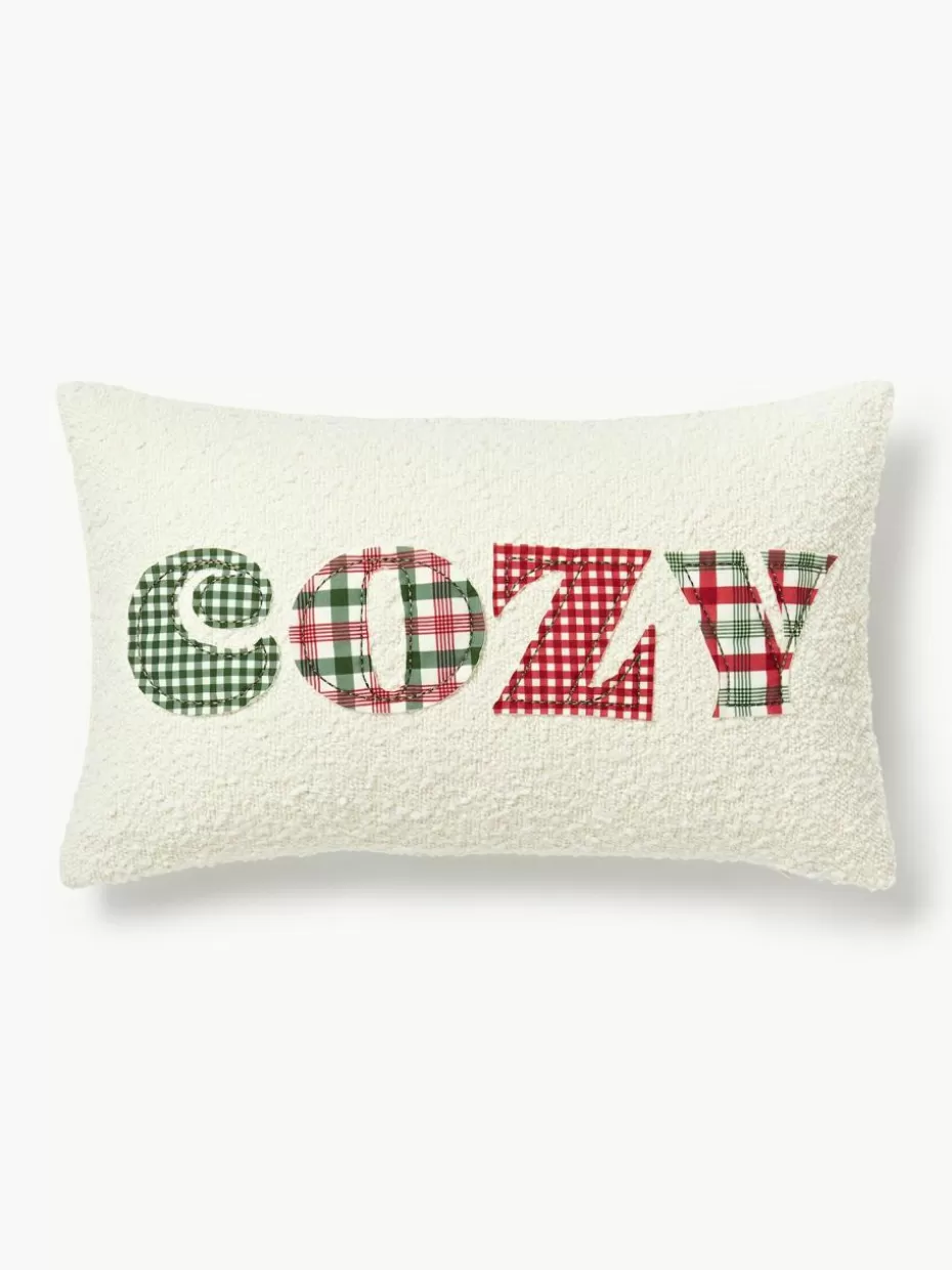 Weihnachtskissen | Dekokissen-Westwing Collection Bouclé-Kissenhülle Lysander Off White mit Cozy-Aufdruck