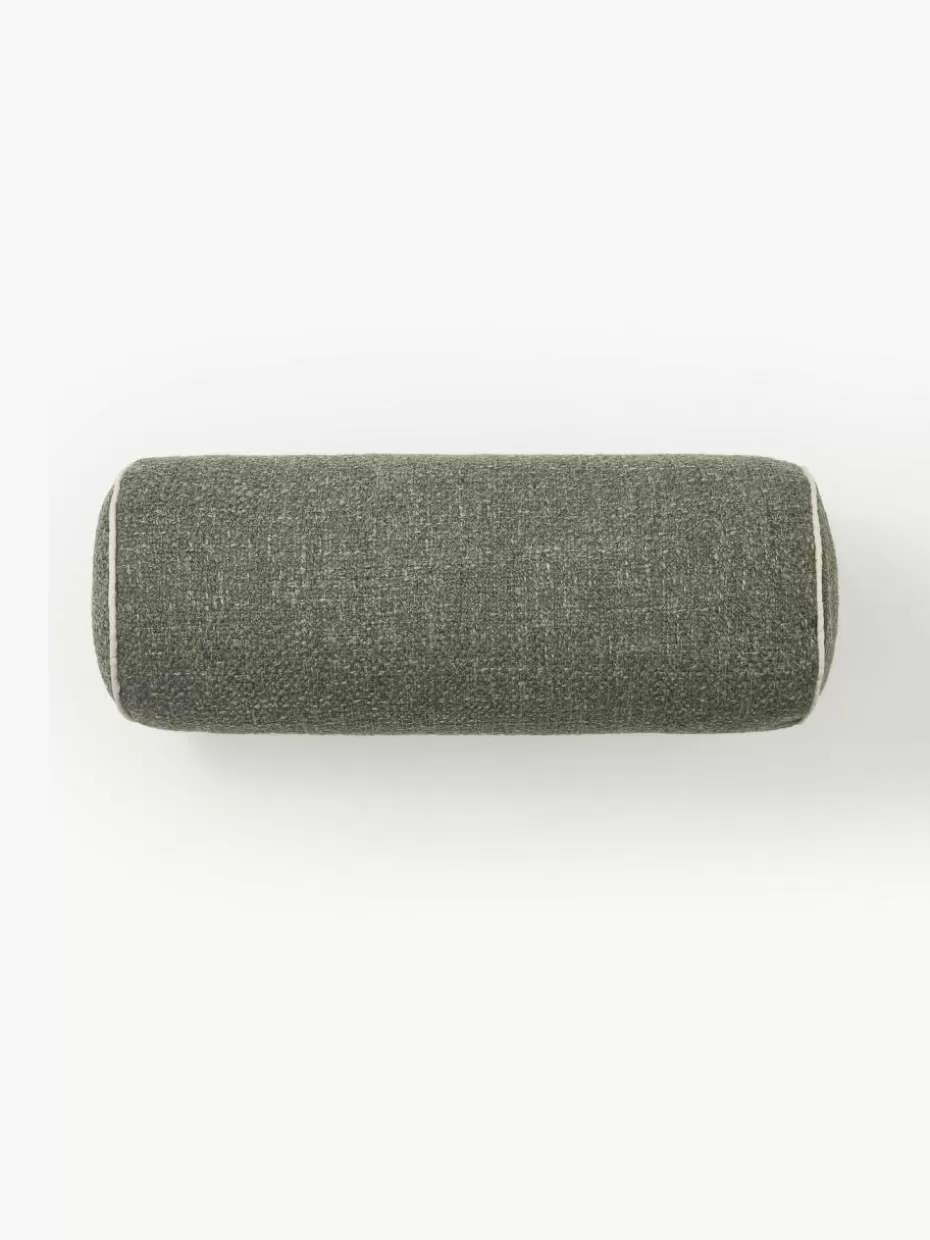 Dekokissen-Westwing Collection Bouclé-Nackenrolle Aya mit Kederumrandung Olivgrün, Cremeweiß