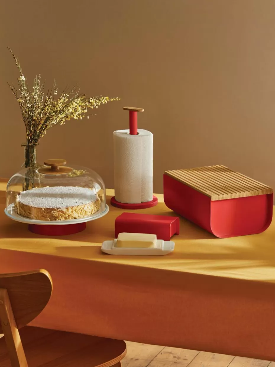 Küchenaufbewahrung-Alessi Brotkasten Mattina mit Bambusholz-Deckel Rot, Bambusholz