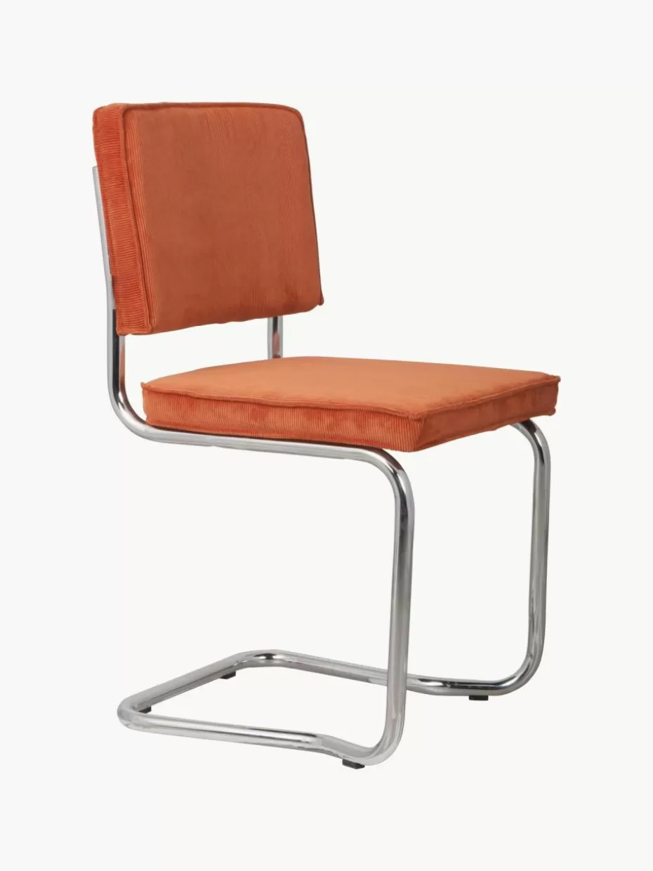 Stühle-Zuiver Cord-Freischwinger Kink, 2 Stück Cord Orange, Silberfarben glänzend