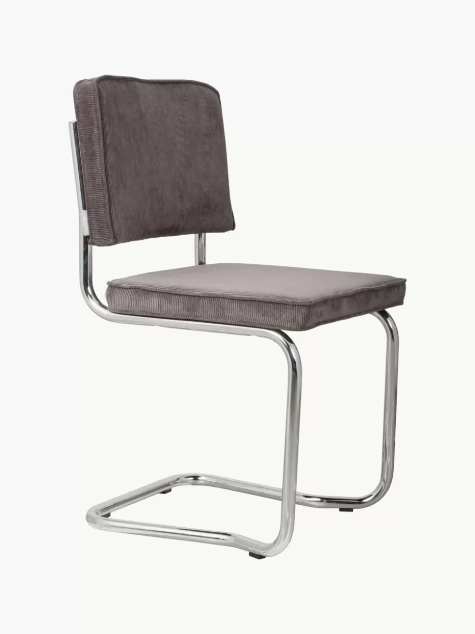 Stühle-Zuiver Cord-Freischwinger Kink, 2 Stück Cord Taupe, Silberfarben glänzend