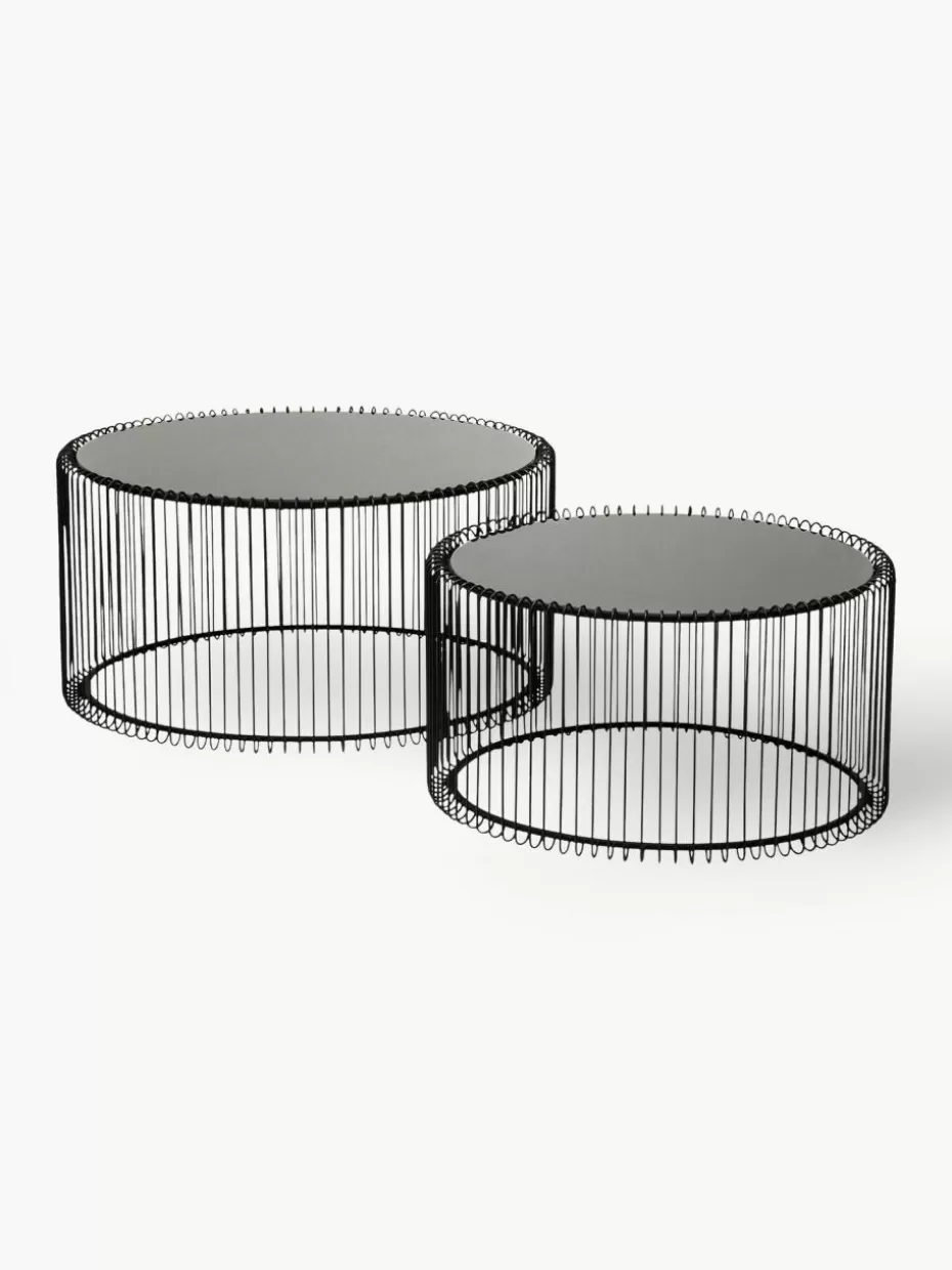 Couchtische-Kare Design Couchtische Wire mit Glasplatte, 2er-Set Schwarz, Spiegelglas schwarz getönt