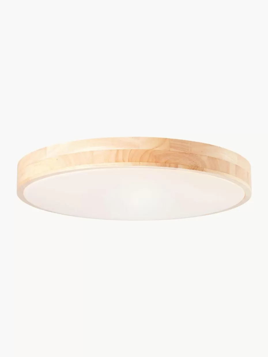 Led-Deckenleuchten-Westwing Dimmbare LED-Deckenleuchte Slimline aus Holz mit Fernbedienung Helles Holz, Weiß