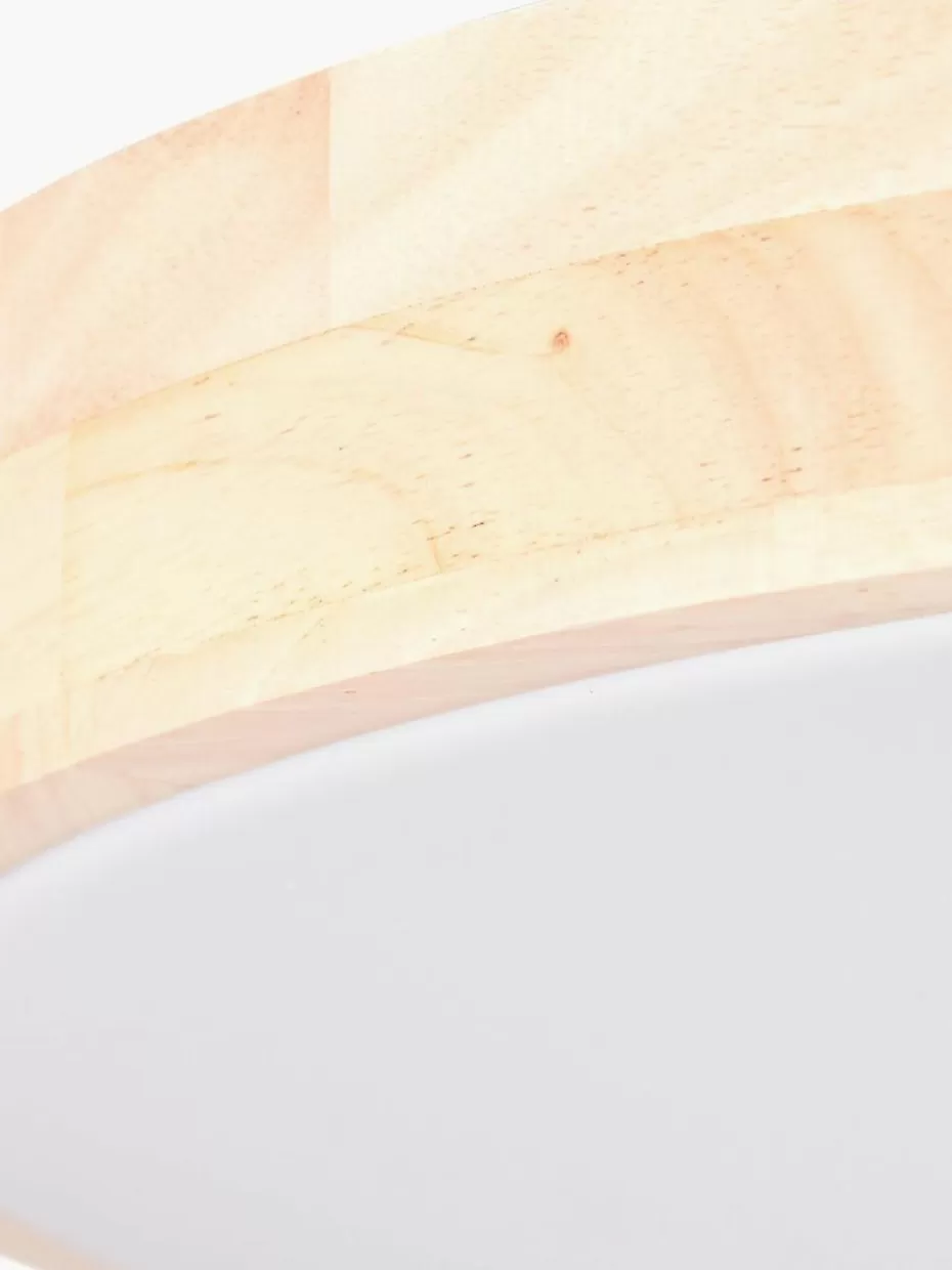 Led-Deckenleuchten-Westwing Dimmbare LED-Deckenleuchte Slimline aus Holz mit Fernbedienung Helles Holz, Weiß