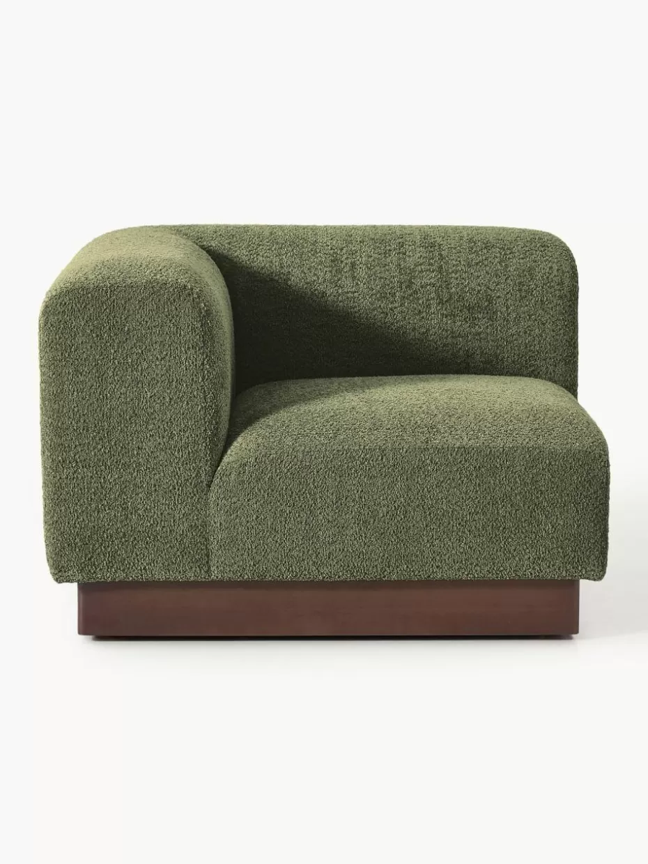 Sofas-Westwing Collection Eckmodul Natalie aus Teddy-Bouclé Teddy-Bouclé Dunkelgrün, dunkles Buchenholz