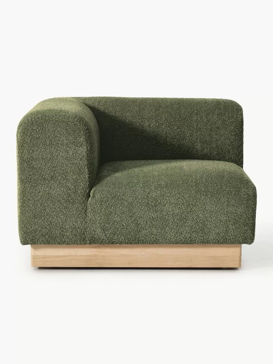 Sofas-Westwing Collection Eckmodul Natalie aus Teddy-Bouclé Teddy-Bouclé Dunkelgrün, helles Buchenholz