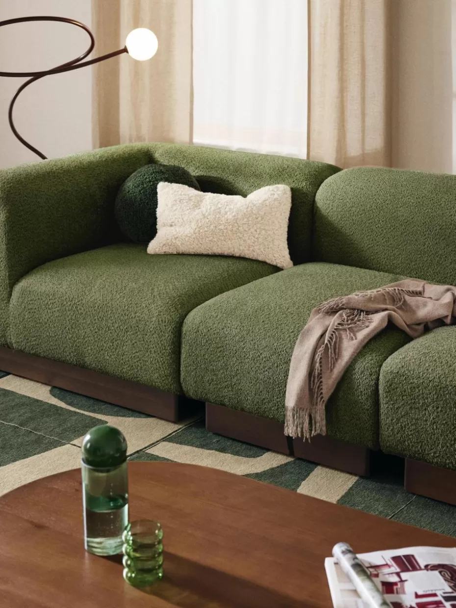 Sofas-Westwing Collection Eckmodul Natalie aus Teddy-Bouclé Teddy-Bouclé Dunkelgrün, dunkles Buchenholz