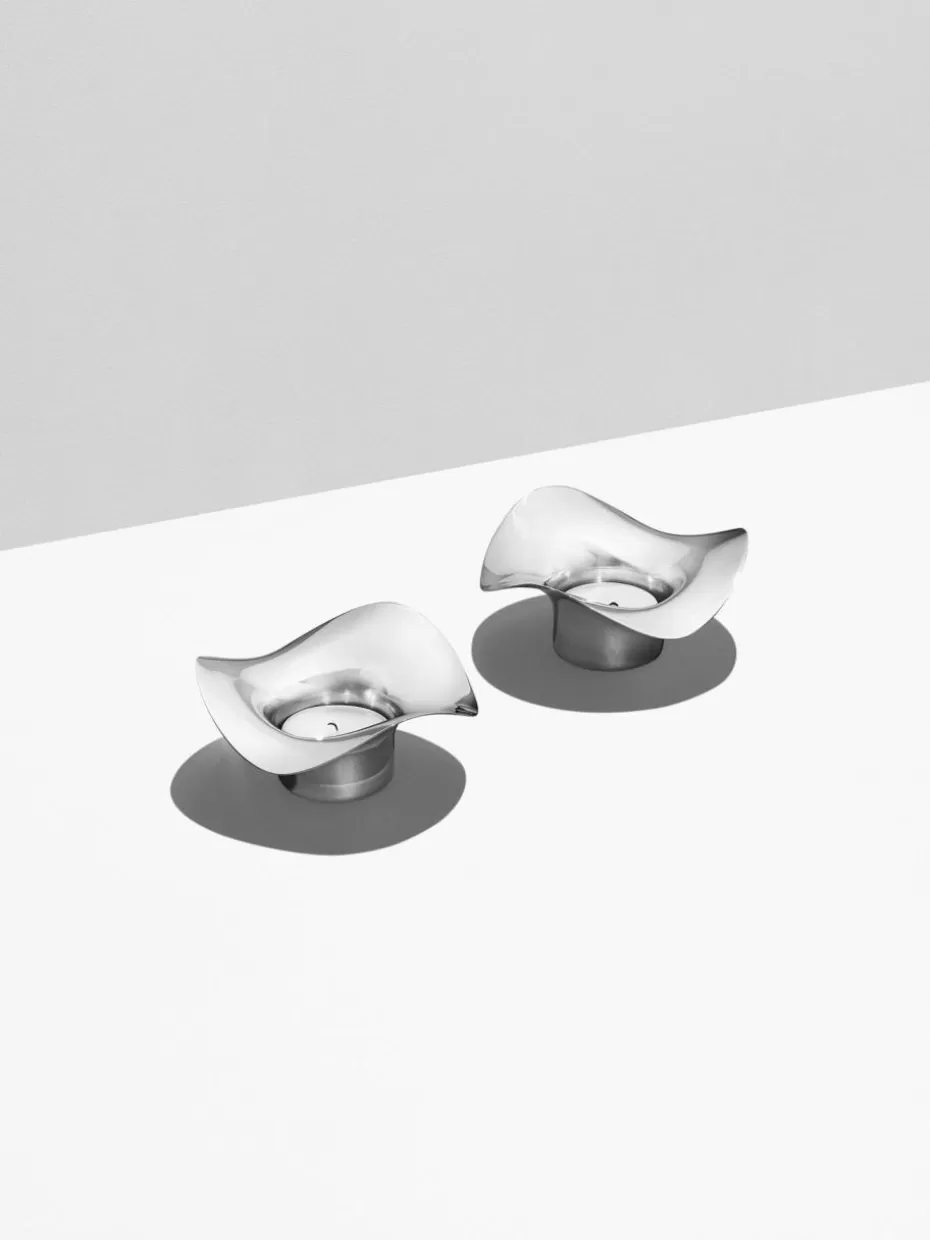 Teelichthalter-Georg Jensen Edelstahl-Teelichthalter Cobra in organischer Form, 2 Stück Silberfarben, hochglanzpoliert