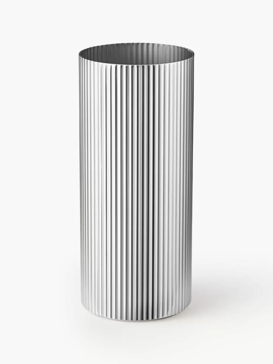 Vasen-Georg Jensen Edelstahl-Vase Bernadotte mit Rillenstruktur, H 19 cm