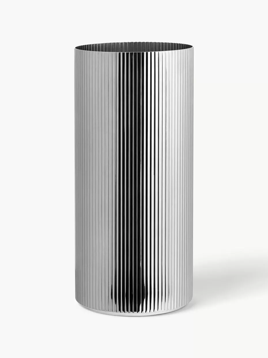 Vasen-Georg Jensen Edelstahl-Vase Bernadotte mit Rillenstruktur, H 26 cm