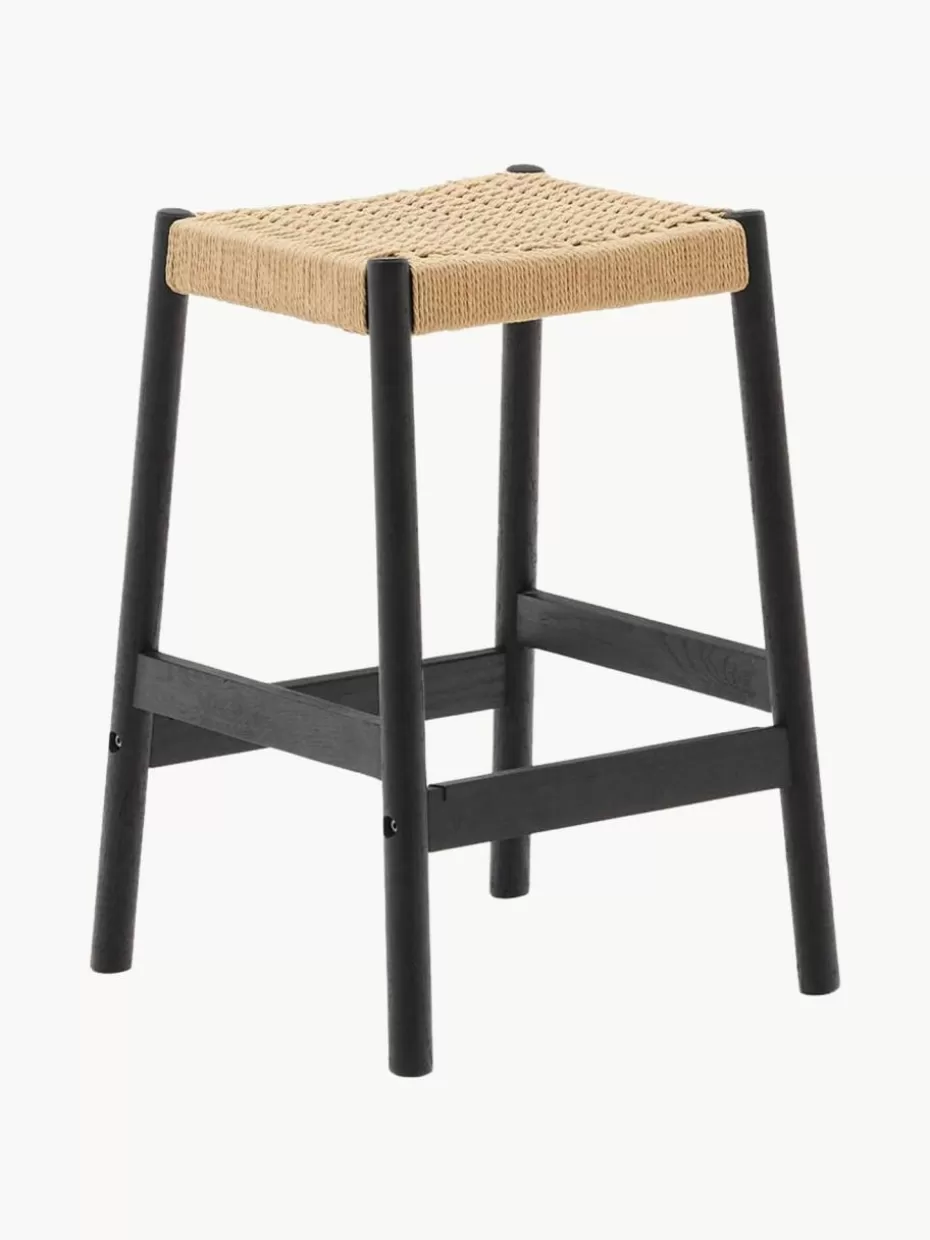 Barhocker-Westwing Eichenholz-Thekenhocker Yalia mit geflochtener Sitzfläche Beige, Schwarz