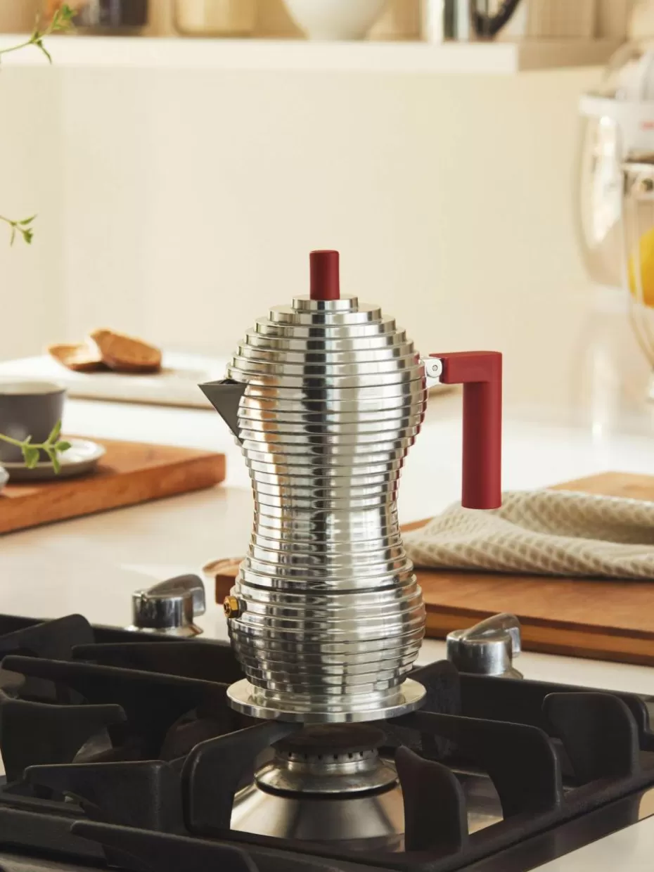 Kaffeemaschinen-Alessi Espressokocher Pulcina Silberfarben, glänzend, Rot