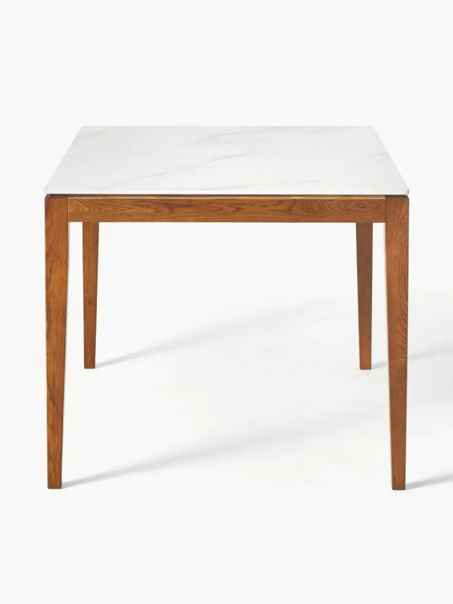 Esstische-Westwing Collection Esstisch Jackson mit Tischplatte in Marmor-Optik, in verschiedenen Größen Marmor-Optik Weiß, Eichenholz braun lackiert