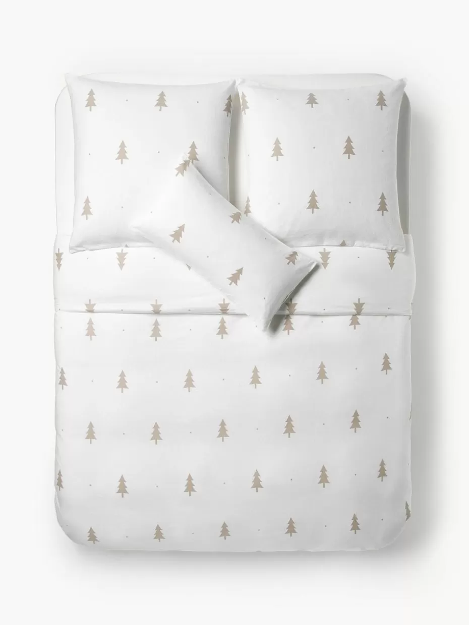 Nordic Celebrations | Weihnachtsbettwäsche-Westwing Collection Flanell-Bettdeckenbezug X-mas Tree mit weihnachtlichem Motiv Weiß, Beige