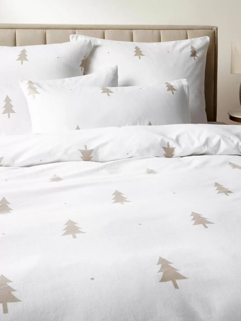 Kopfkissenbezüge-Westwing Collection Flanell-Kopfkissenbezug X-mas Tree mit weihnachtlichem Motiv Weiß, Beige
