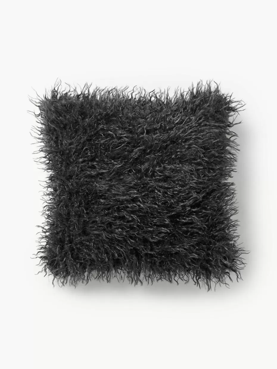 Weihnachtskissen | Dekokissen-Westwing Collection Flauschige Kunstfell-Kissenhülle Morten, gelockt Anthrazit