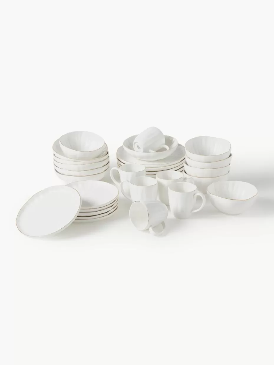 Geschirr-Sets | Geschirrserien-Westwing Collection Geschirr-Set Sali mit Relief, 6 Personen (30-tlg.) Weiß mit goldenem Rand