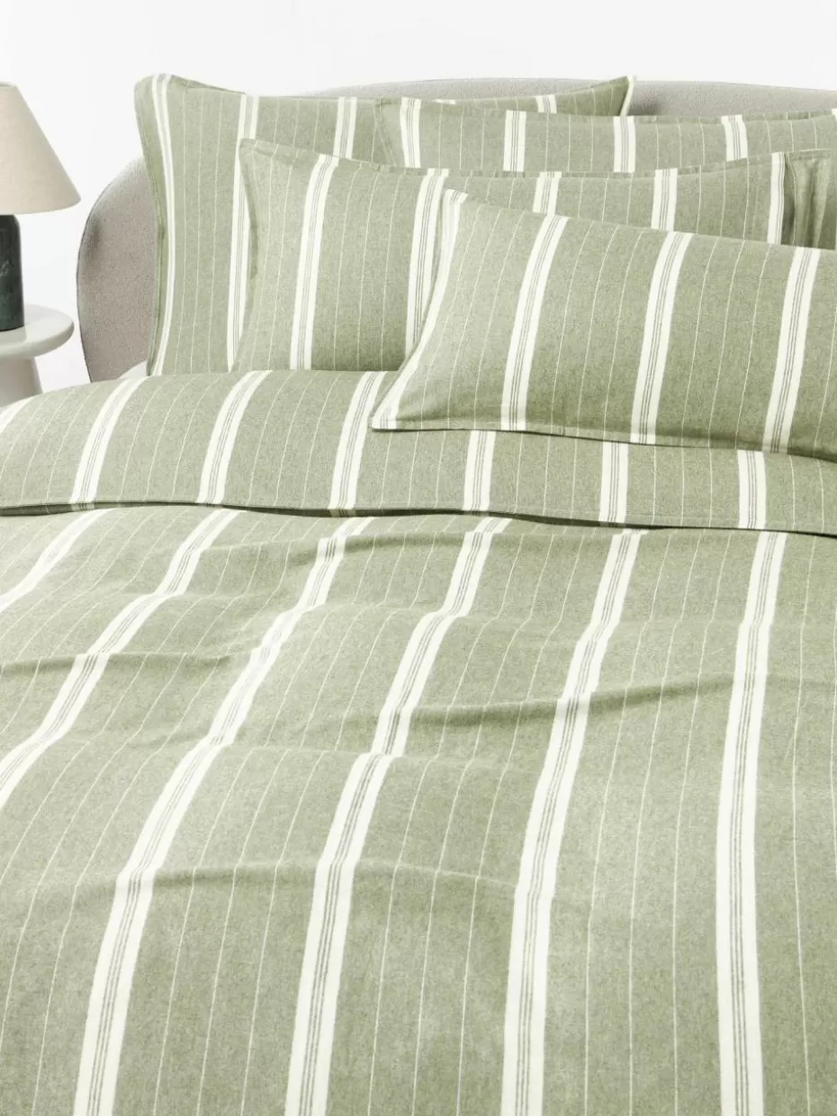 Weihnachtsbettwäsche | Bettwäsche-Westwing Collection Gestreifter Flanell-Bettdeckenbezug Belinda Olivgrün, Off White