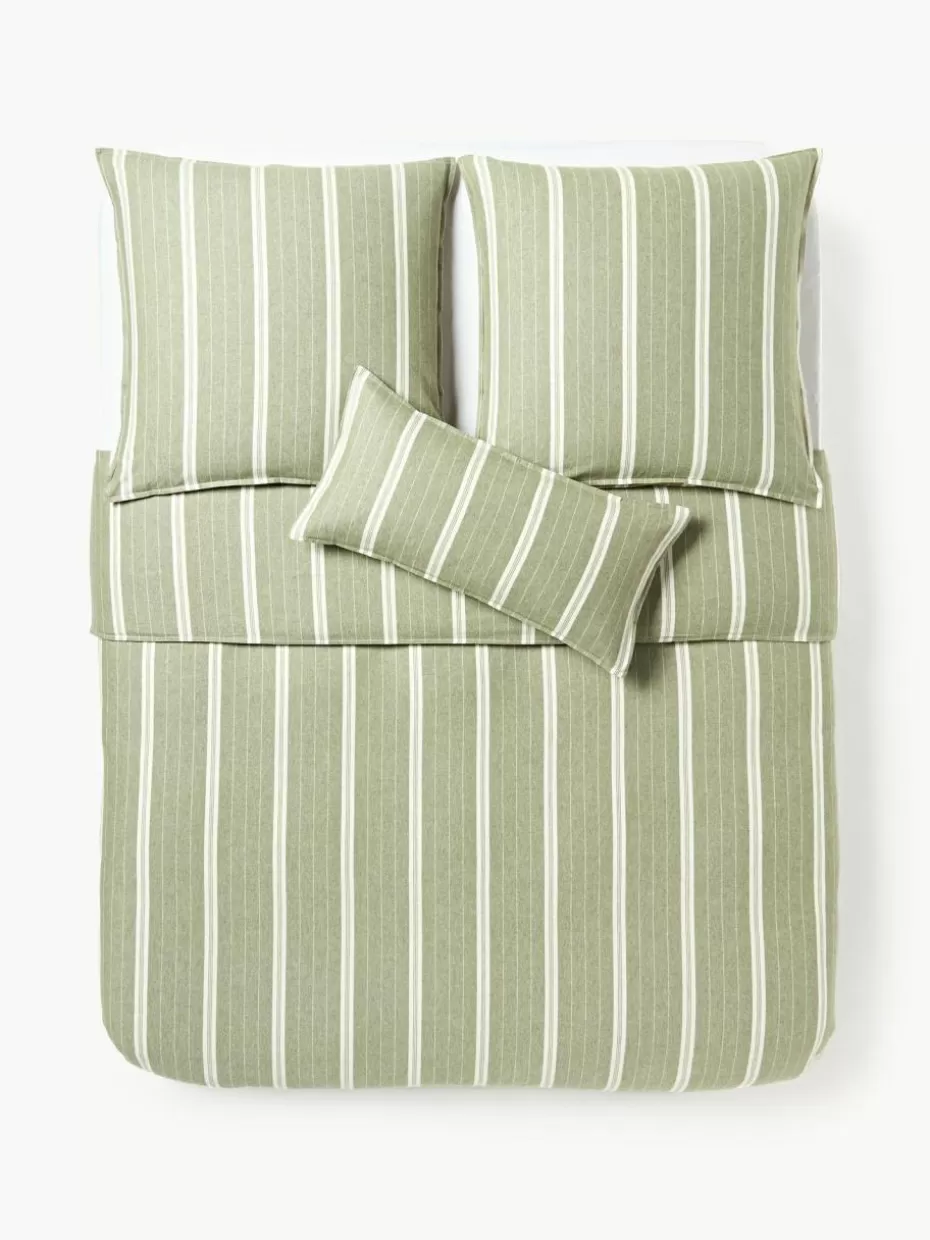 Weihnachtsbettwäsche | Bettwäsche-Westwing Collection Gestreifter Flanell-Bettdeckenbezug Belinda Olivgrün, Off White