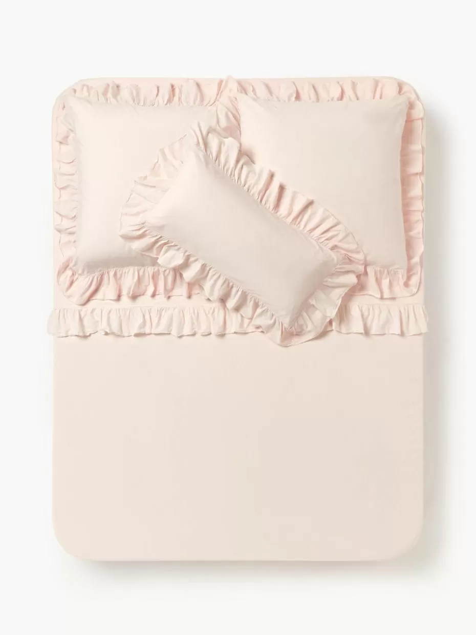 Betttücher-Westwing Collection Gewaschenes Baumwollperkal-Betttuch Louane mit Rüschen Peach