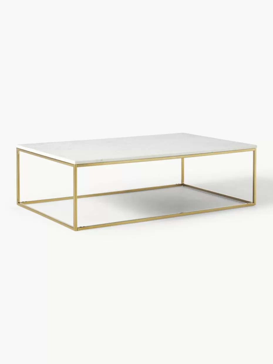 Couchtische-Westwing Collection Großer Marmor-Couchtisch Alys Weiß marmoriert, Goldfarben