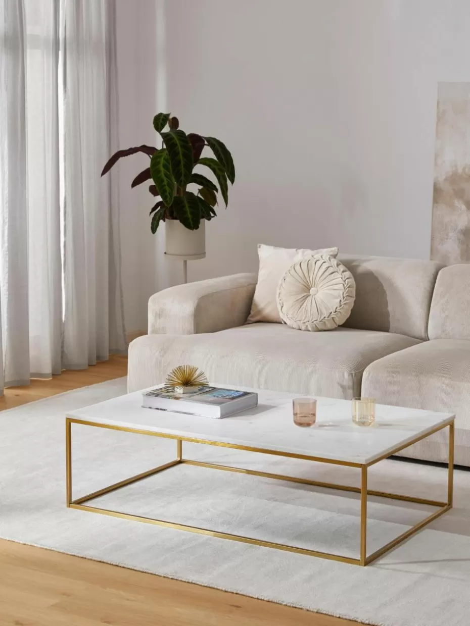 Couchtische-Westwing Collection Großer Marmor-Couchtisch Alys Weiß marmoriert, Goldfarben