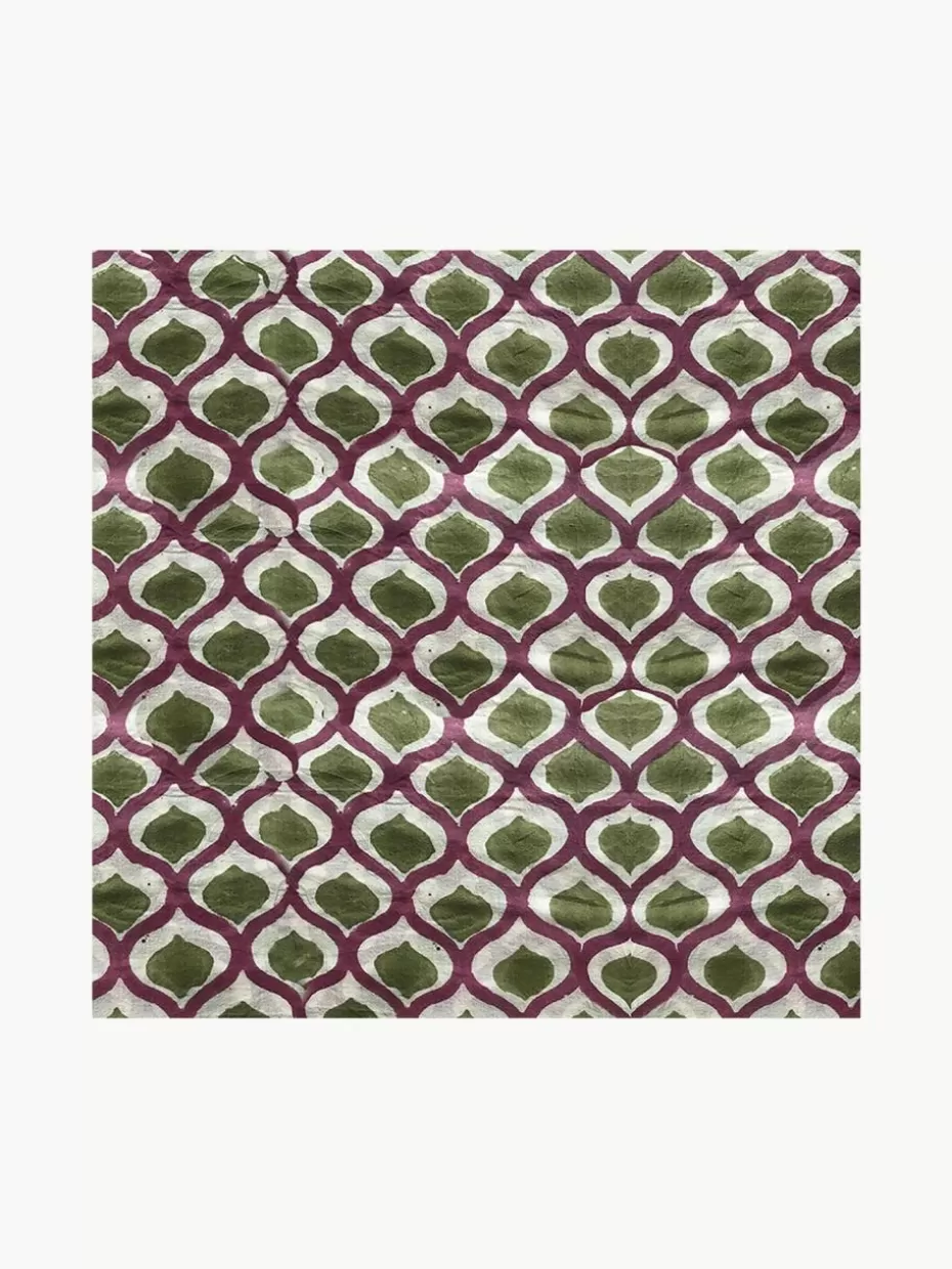 Servietten-Les Ottomans Handbedruckte Stoffservietten Azra, 4 Stück Olivgrün, Aubergine, Off White