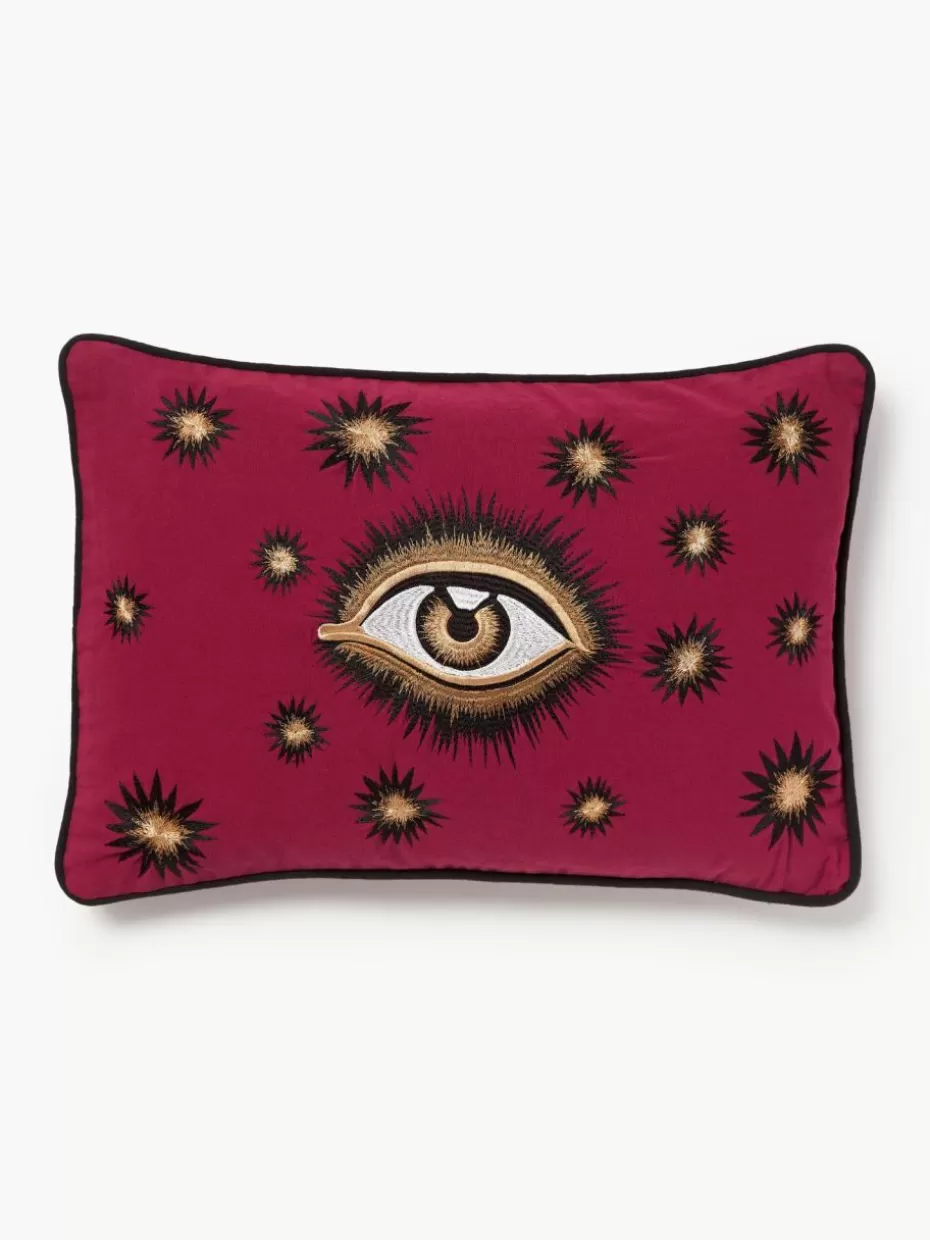 Dekokissen-Les Ottomans Handbestickte Baumwoll-Kissenhülle Eye Rostrot, Beige