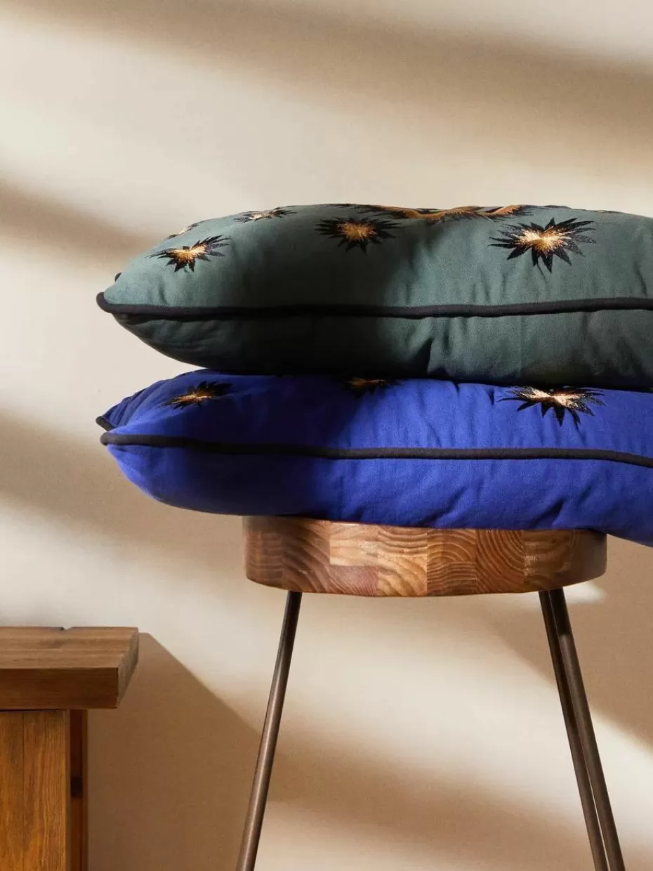 Dekokissen-Les Ottomans Handbestickte Baumwoll-Kissenhülle Eye Dunkelgrün, Beige